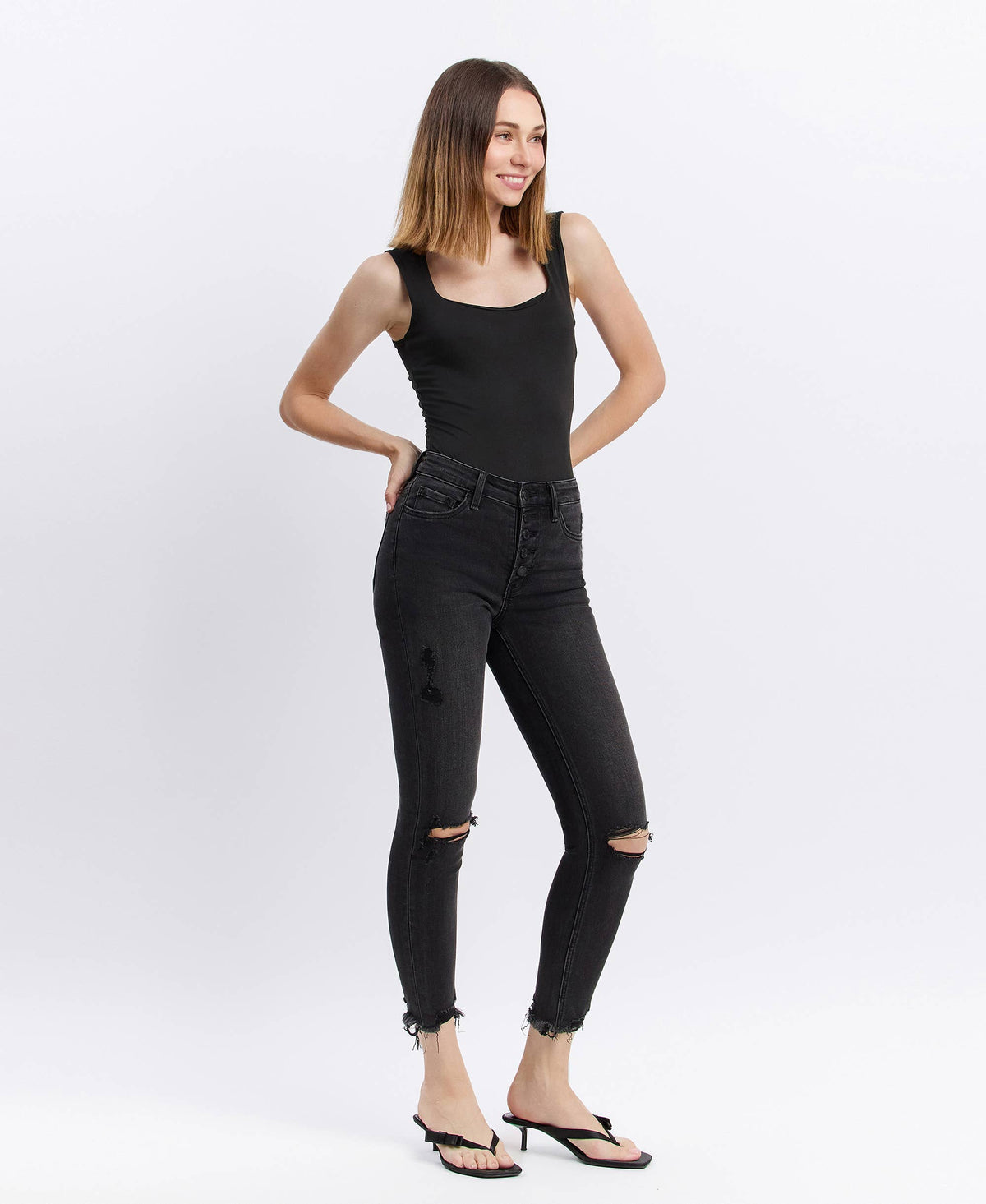 VERVET by FLYING MONKEY - HIGH RISE BUTTON FLY DISTRESSED CROP SKINNY JEANS V2125SHC