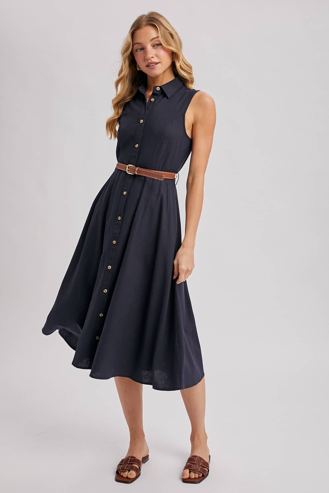Bluivy - BUTTON DOWN SLEEVELESS BELTED SHIRT MIDI DRESS