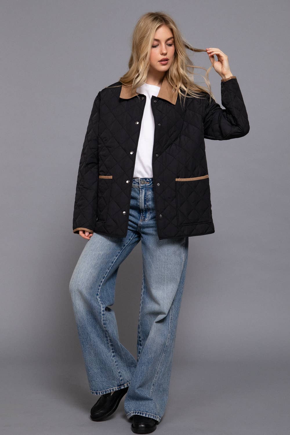 Long Sleeve Contrast Lapel Collar Quilted Puffer Work Jacket