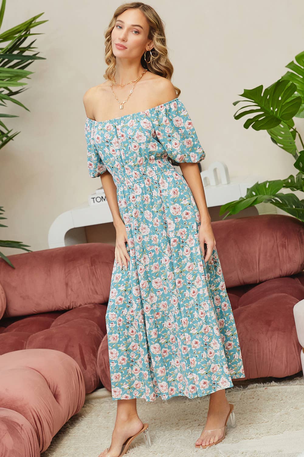 Sweet Lovely by Jen - ROMANTIC FLORAL ELASTIC WAIST MIDI DRESS