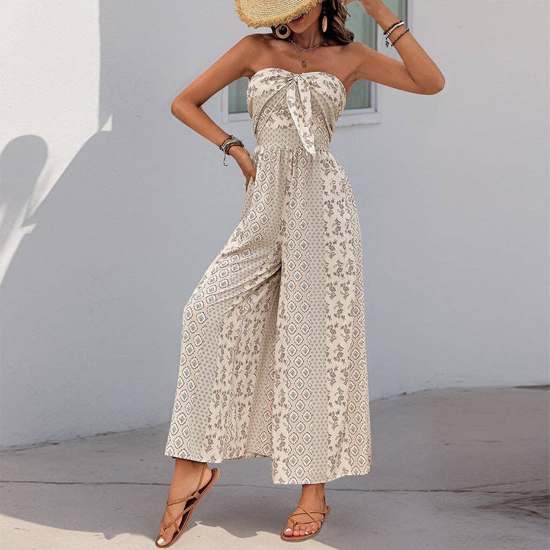 Suhkasana - Boho Strapless Smocked Jumpsuit with Wide-Leg Flare Pants