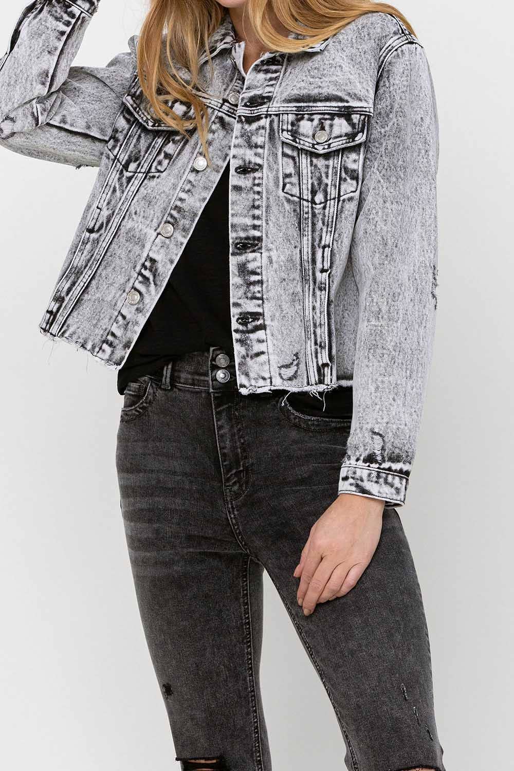 VERVET by FLYING MONKEY - DISTRESSED BLACK ACID WASH CLASSIC CROP JACKET VT1156