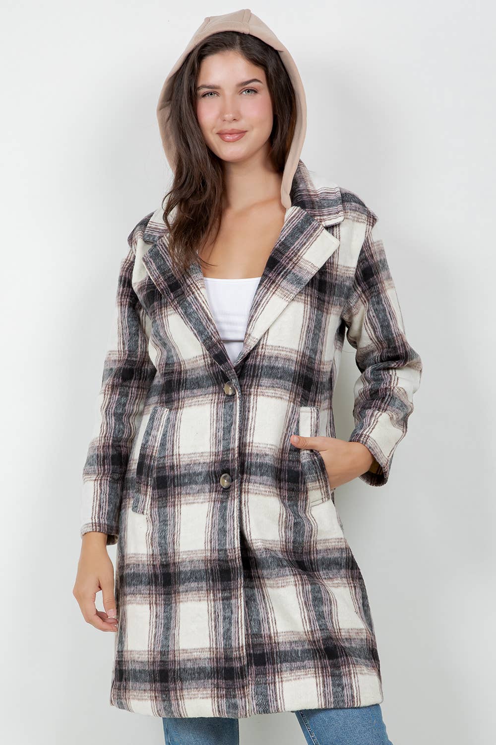 Veracci - Oversized Woolen Plaid Coat / Jacket with detachable Hood