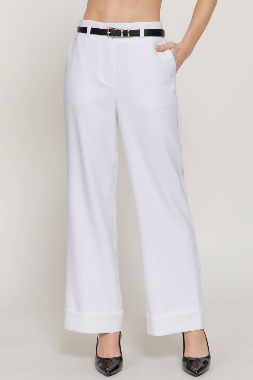 Belted Straight Pants with Cuffed Hem