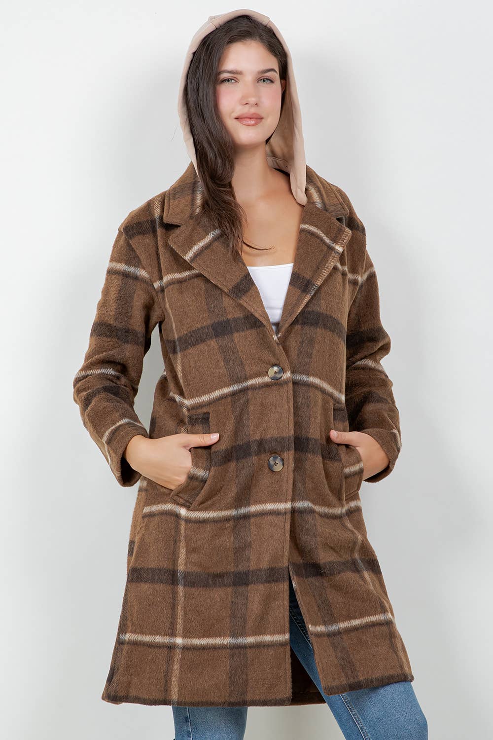 Veracci - Oversized Woolen Plaid Coat / Jacket with detachable Hood