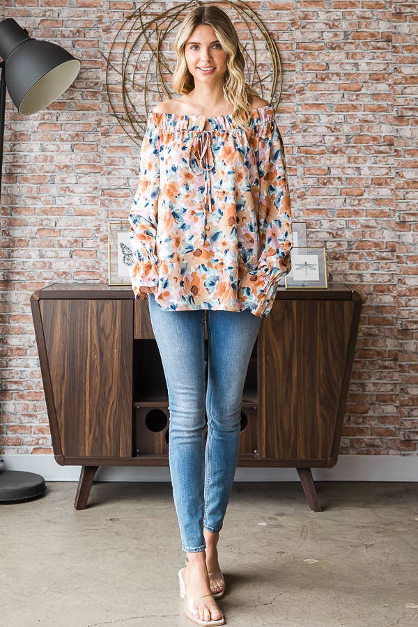 Floral Print Ruffle Neck Blouse for Women T5226