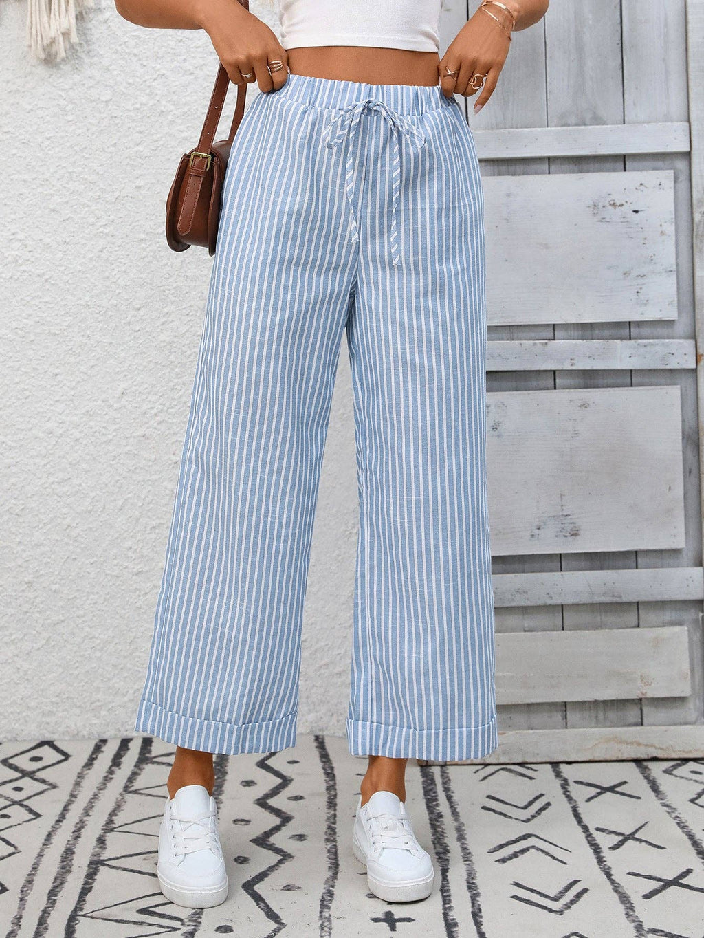 Suhkasana - Striped High Waist Wide Leg Pants Casual Summer