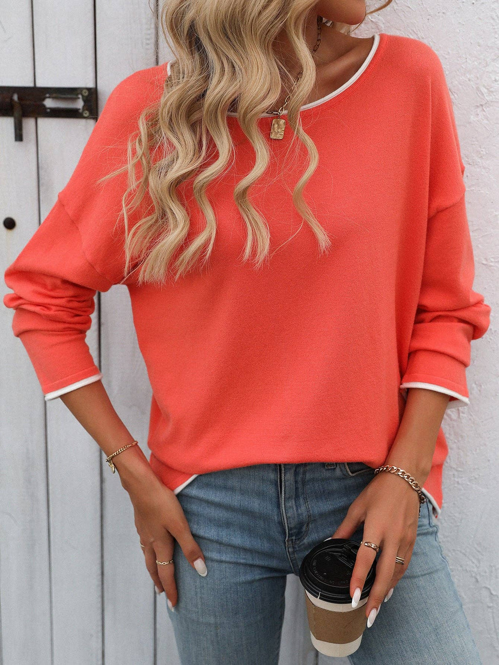 Suhkasana - Colorblock Crew Neck Long Sleeve Casual Knit Sweater