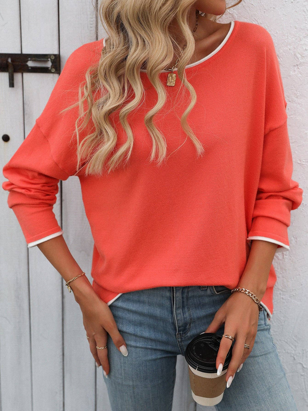Suhkasana - Colorblock Crew Neck Long Sleeve Casual Knit Sweater