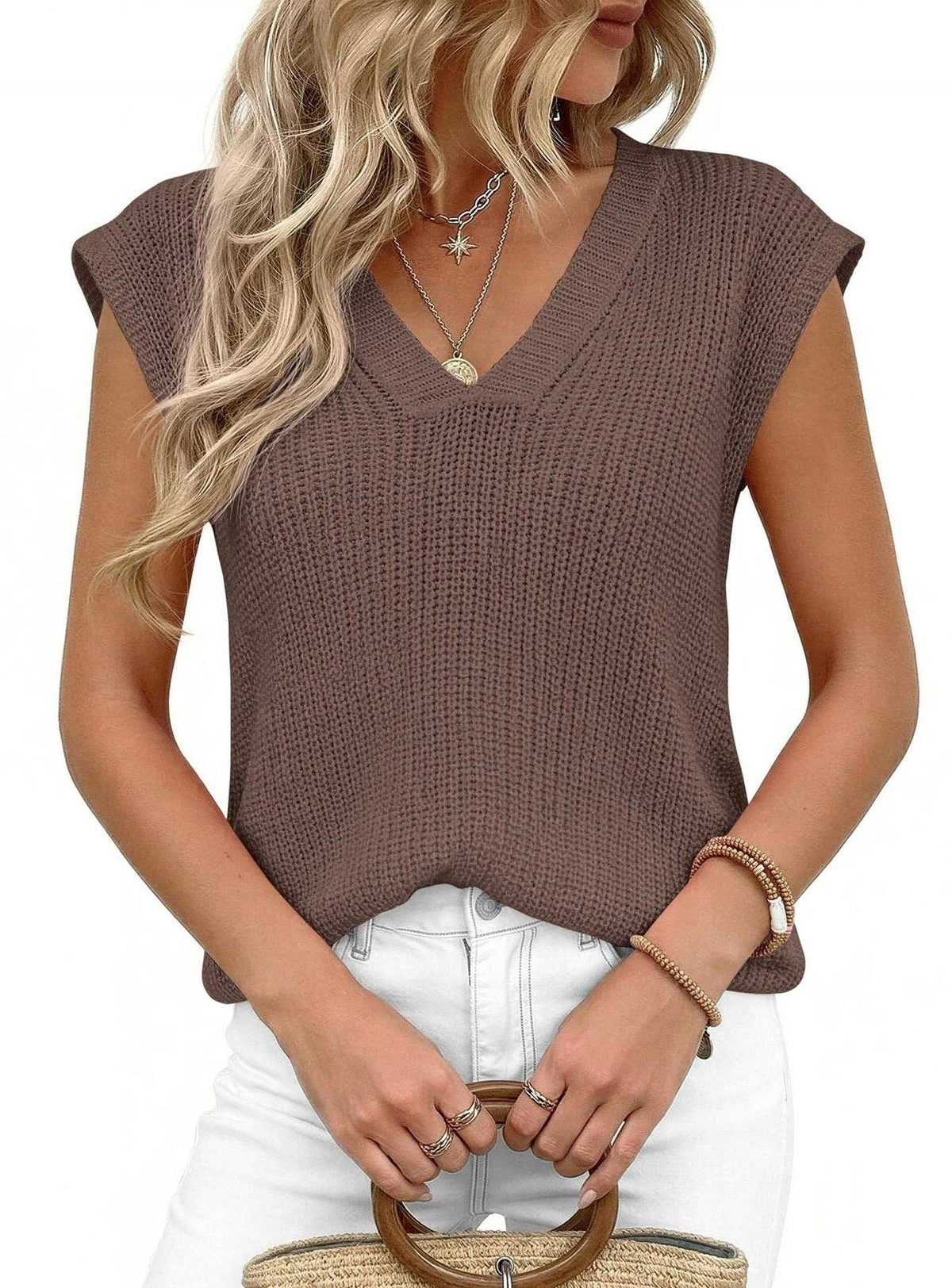 Suhkasana - V Neck Knit Sweater Vest Sleeveless Loose Summer Top