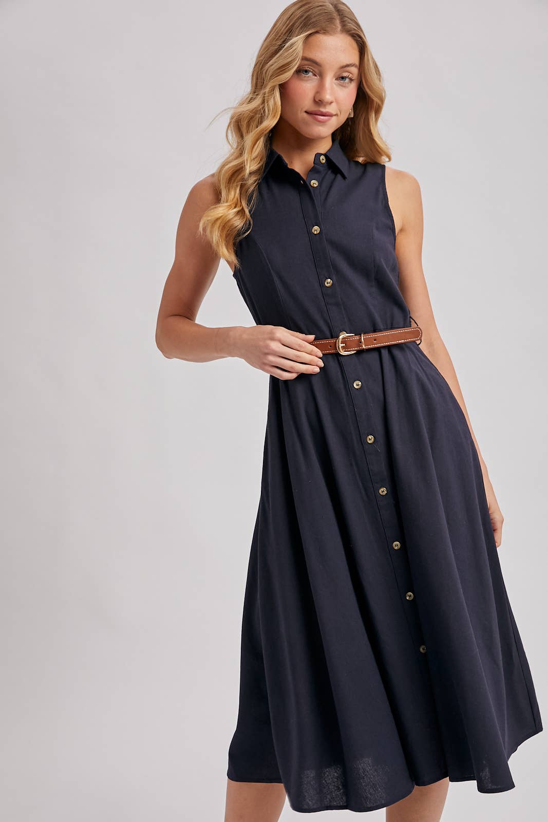Bluivy - BUTTON DOWN SLEEVELESS BELTED SHIRT MIDI DRESS