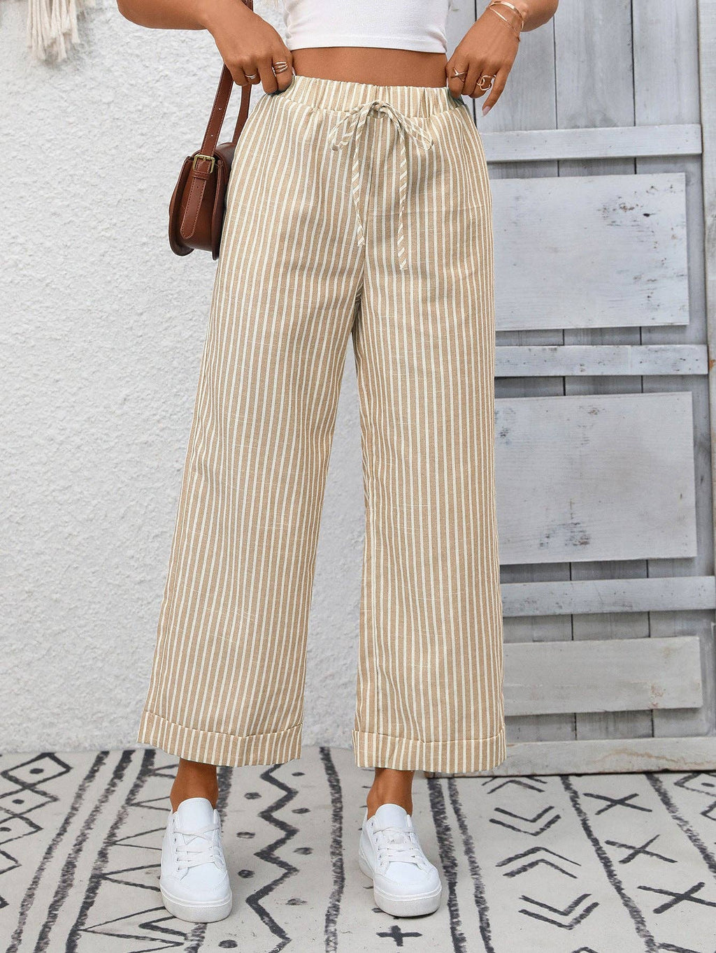 Suhkasana - Striped High Waist Wide Leg Pants Casual Summer