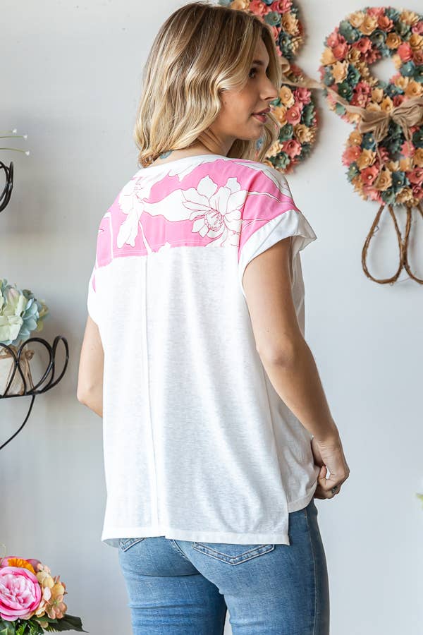 Floral Contrast Twist Banded Short Sleeve Top