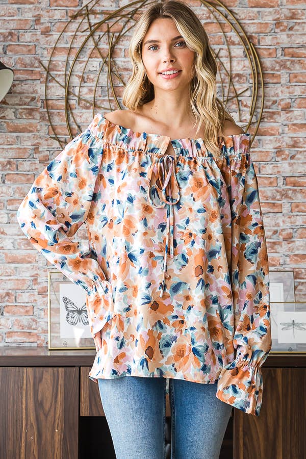 Floral Print Ruffle Neck Blouse for Women T5226