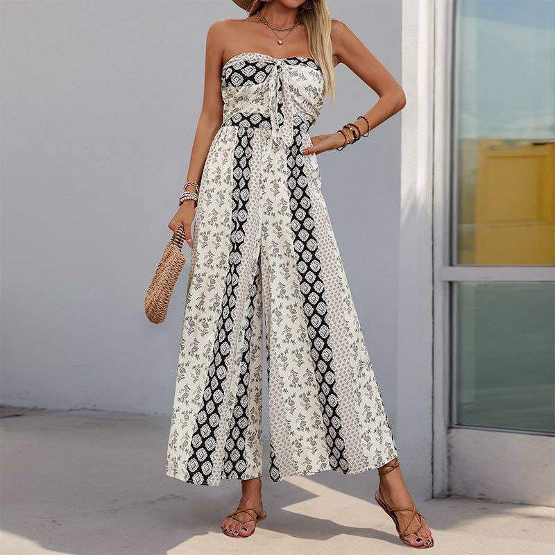 Suhkasana - Boho Strapless Smocked Jumpsuit with Wide-Leg Flare Pants
