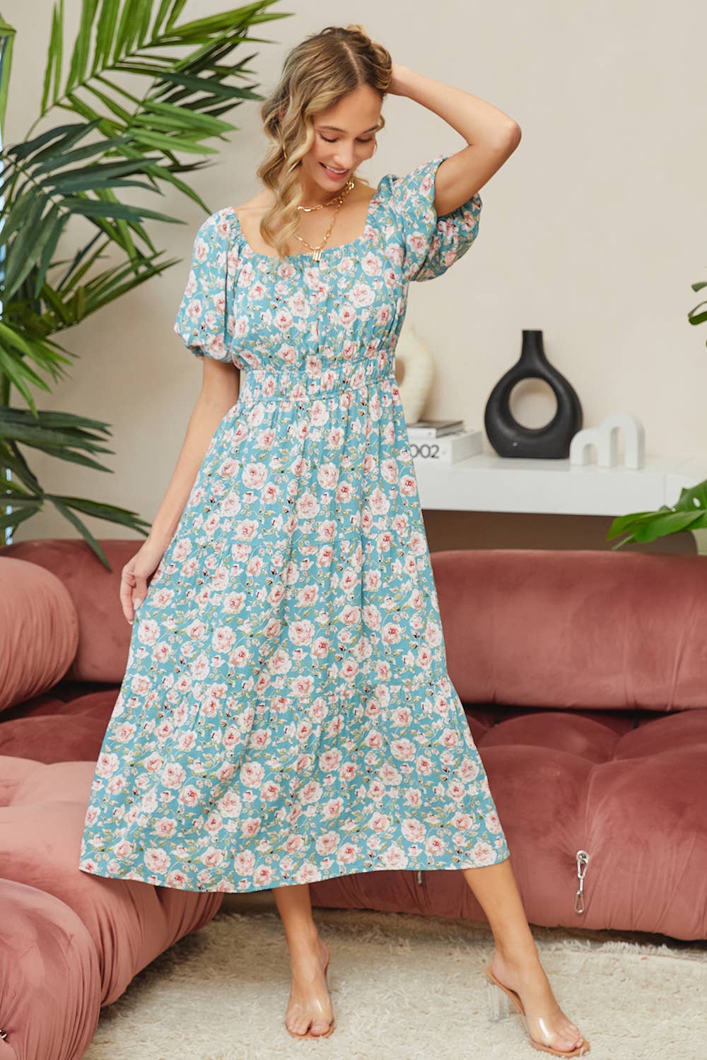 Sweet Lovely by Jen - ROMANTIC FLORAL ELASTIC WAIST MIDI DRESS