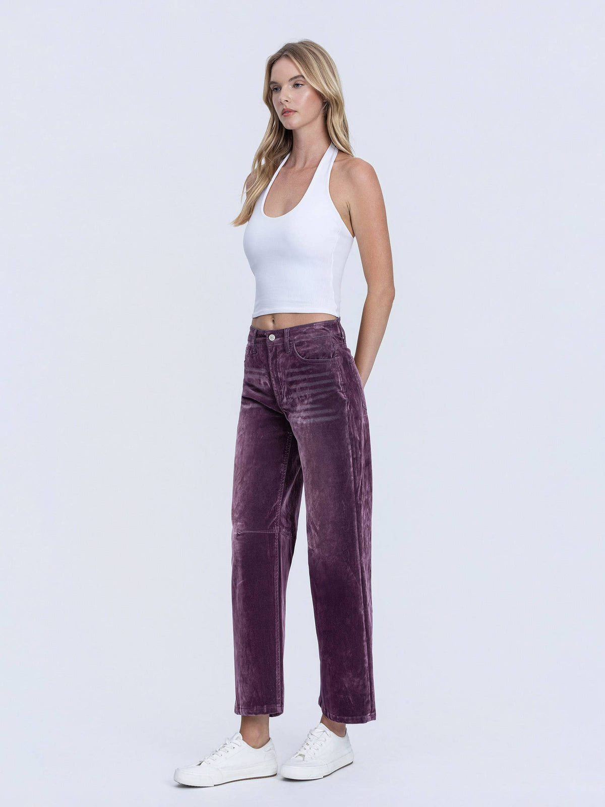 VERVET by FLYING MONKEY - HIGH RISE VELVET FLOCKED PURPLE BARREL LEG JEANS T7091PUR