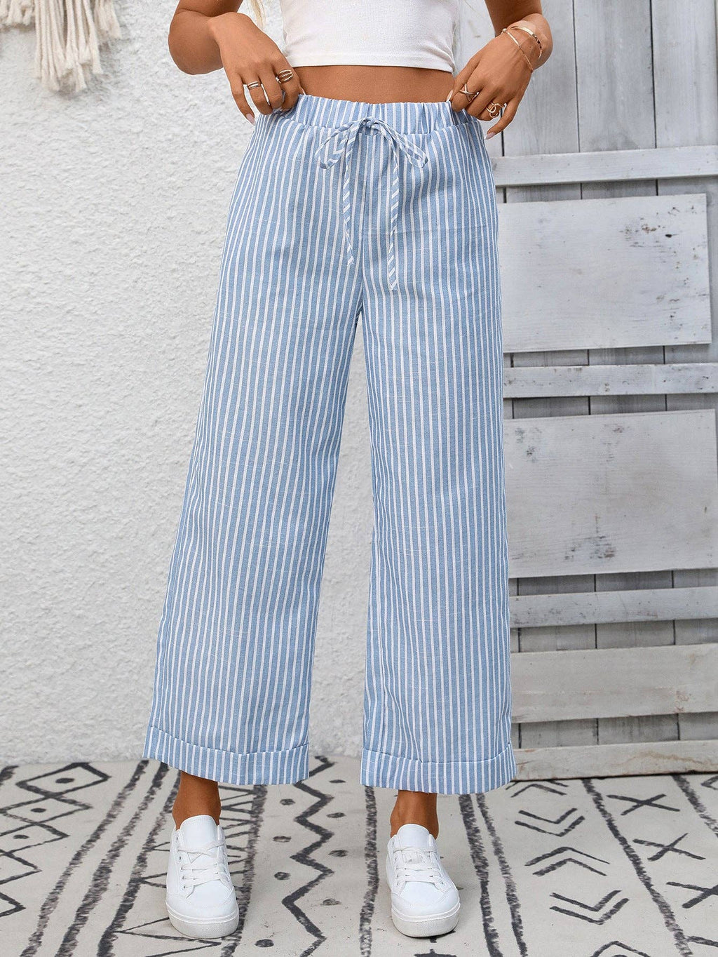 Suhkasana - Striped High Waist Wide Leg Pants Casual Summer