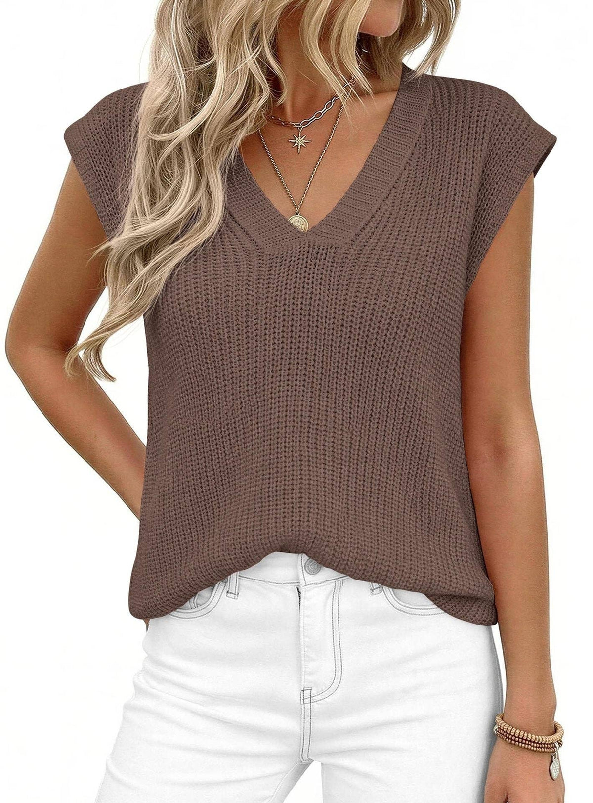 Suhkasana - V Neck Knit Sweater Vest Sleeveless Loose Summer Top