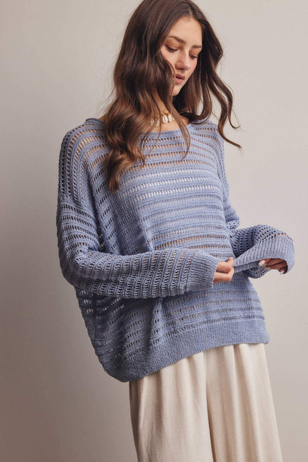Forte - Open-Knit Stripe Sweater Top FSW0056