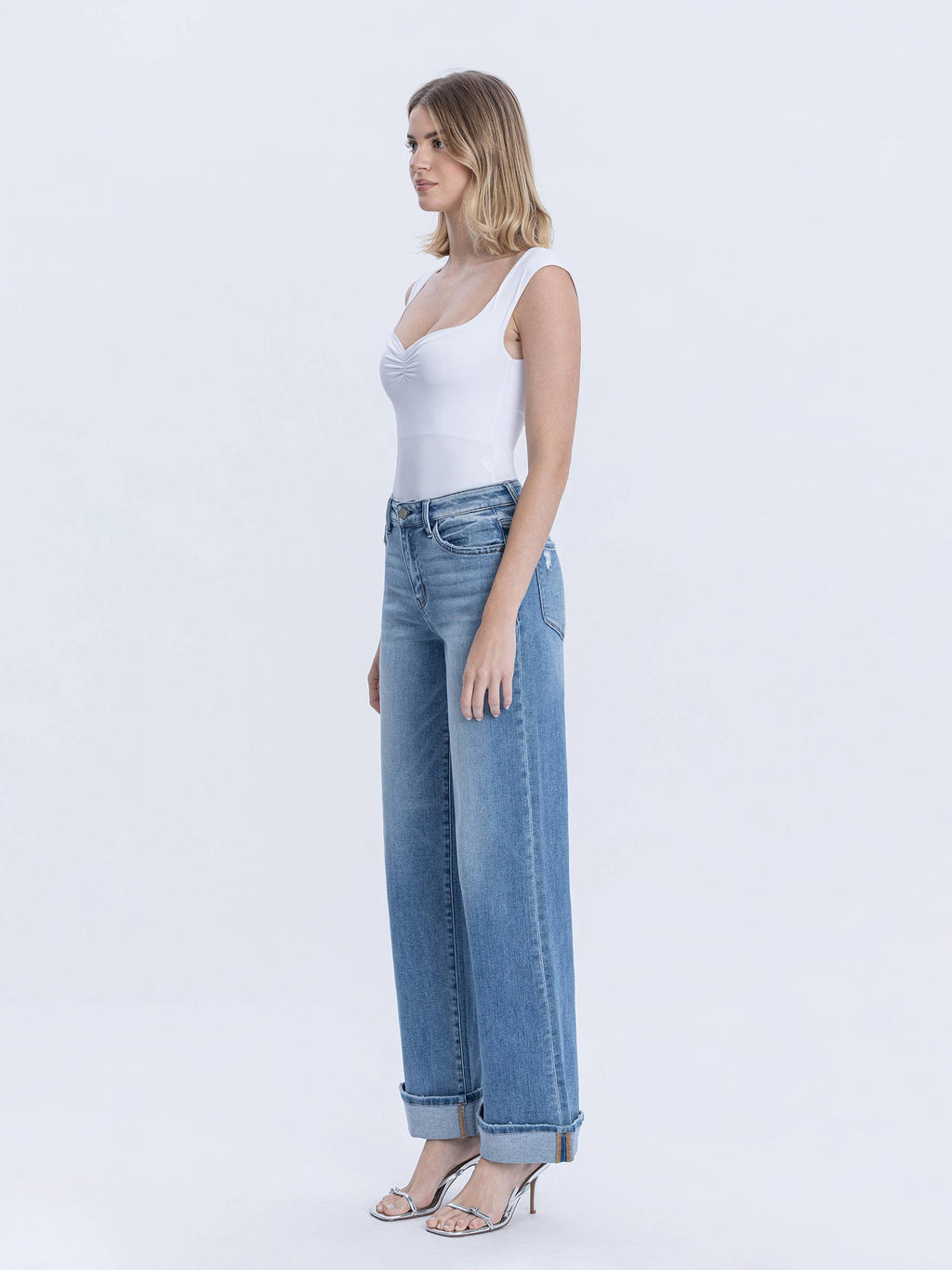 VERVET by FLYING MONKEY - HIGH RISE FULL LENGTH CUFFED WIDE JEANS T7049