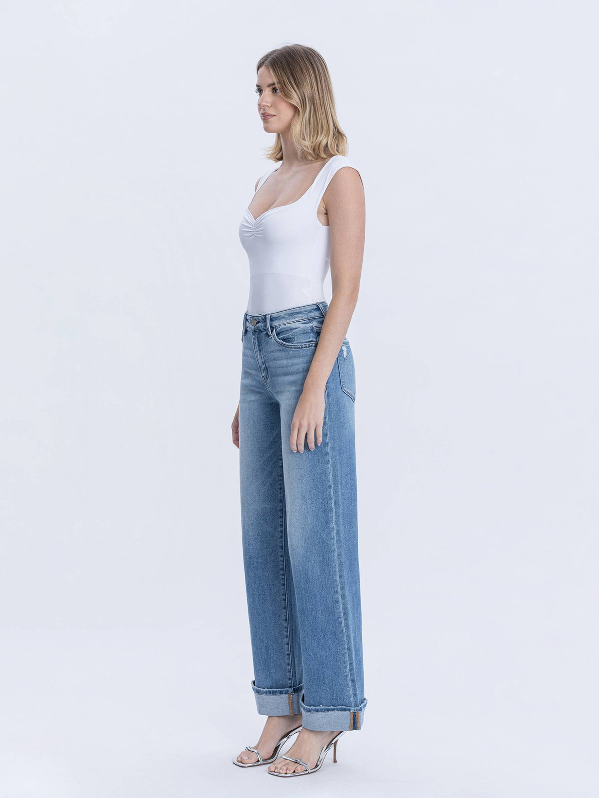 VERVET by FLYING MONKEY - HIGH RISE FULL LENGTH CUFFED WIDE JEANS T7049