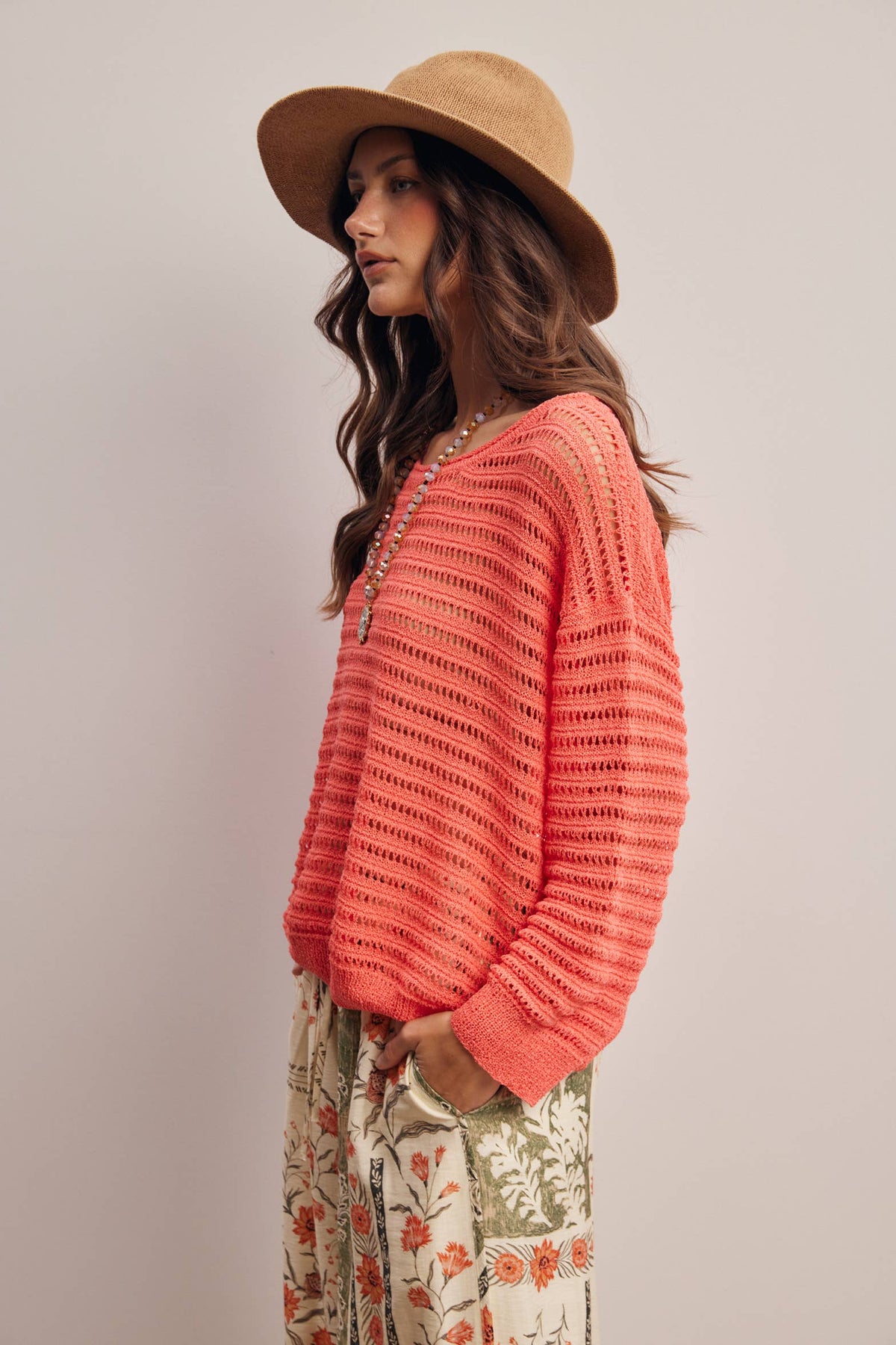 Forte - Open-Knit Stripe Sweater Top FSW0056