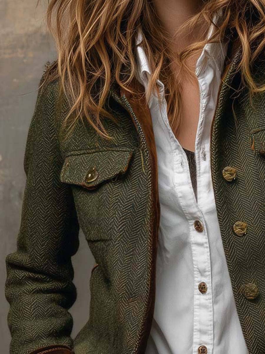 Suhkasana - Women Herringbone Tweed Blazer Velvet Trim Vintage Jacket