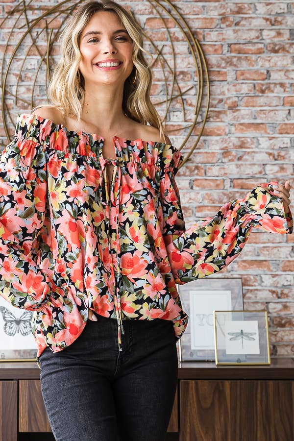 Floral Print Ruffle Neck Blouse for Women T5226