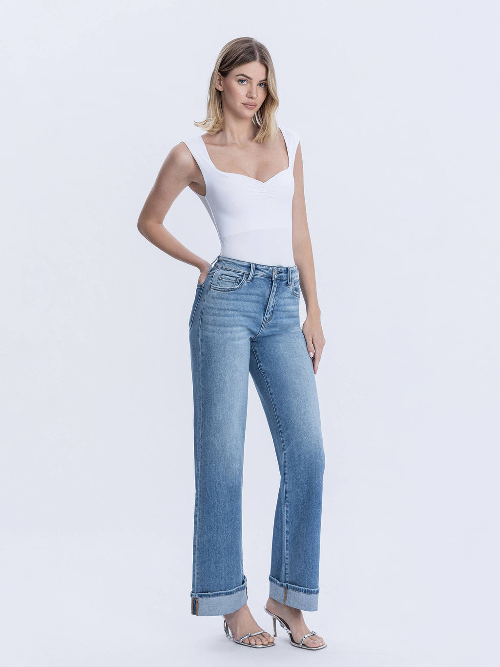 VERVET by FLYING MONKEY - HIGH RISE FULL LENGTH CUFFED WIDE JEANS T7049