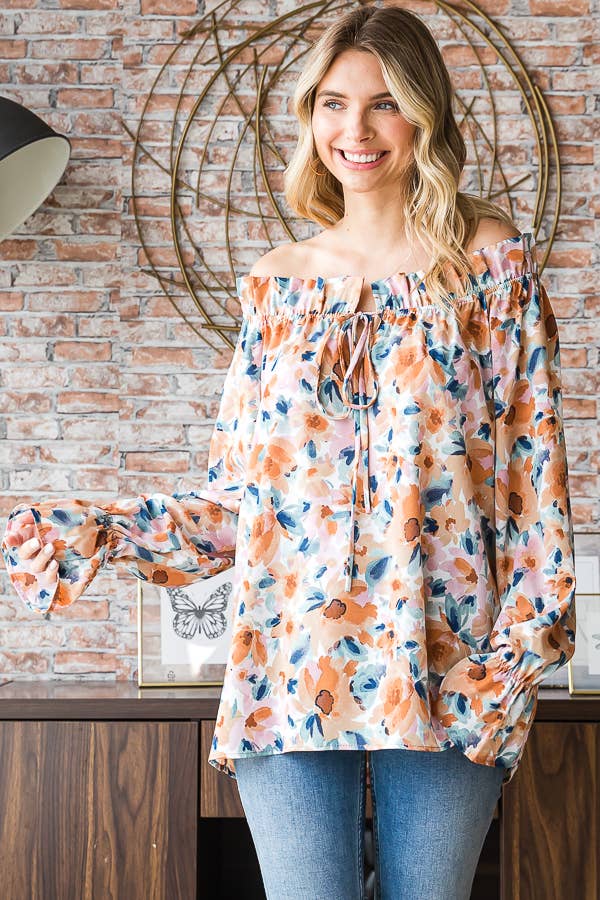 Floral Print Ruffle Neck Blouse for Women T5226