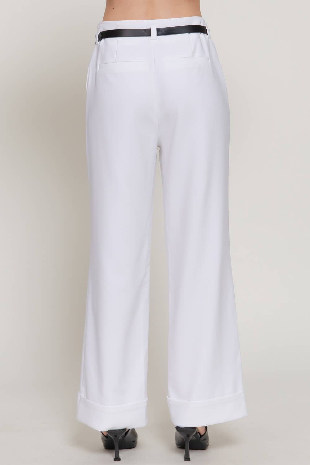 Belted Straight Pants with Cuffed Hem