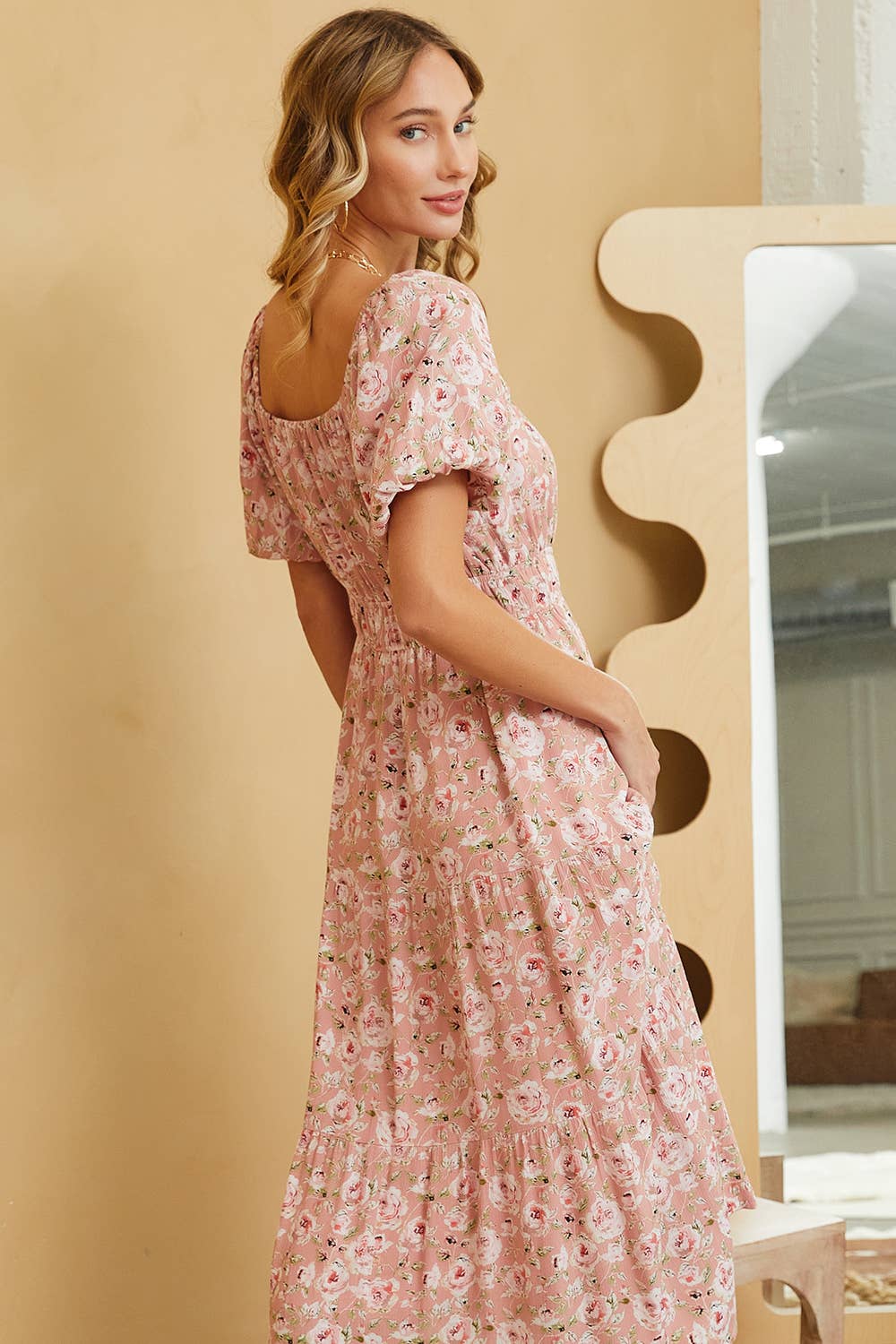 Sweet Lovely by Jen - ROMANTIC FLORAL ELASTIC WAIST MIDI DRESS