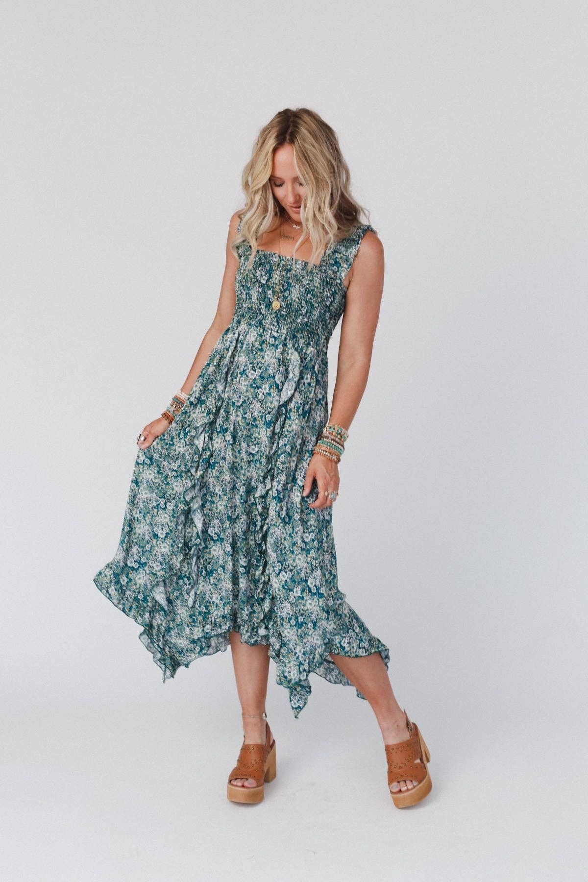 Three Bird Nest - Smitten Smocked Ruffle Maxi Dress - Green