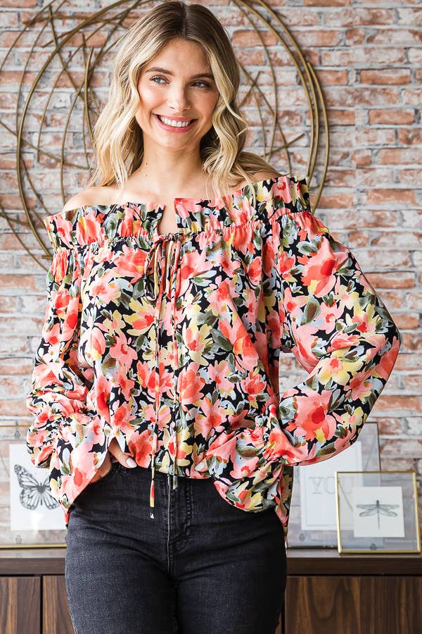 Floral Print Ruffle Neck Blouse for Women T5226