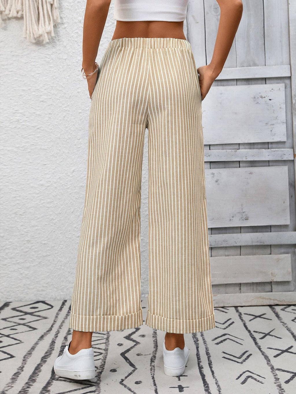 Suhkasana - Striped High Waist Wide Leg Pants Casual Summer