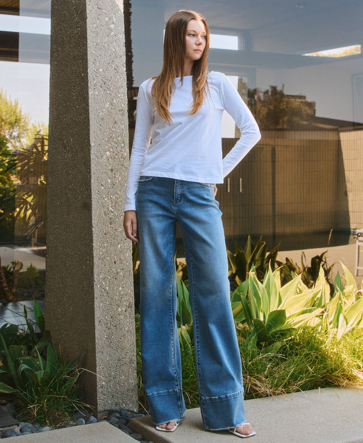 VERVET by FLYING MONKEY - HIGH RISE RAW HEM WIDE A LINE JEANS T6596