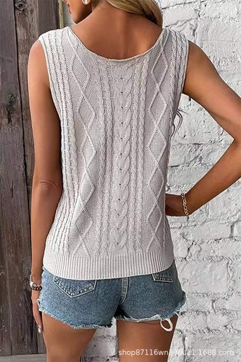 Suhkasana - Women Cable Knit Tank Top V Neck Sleeveless Summer Sweater