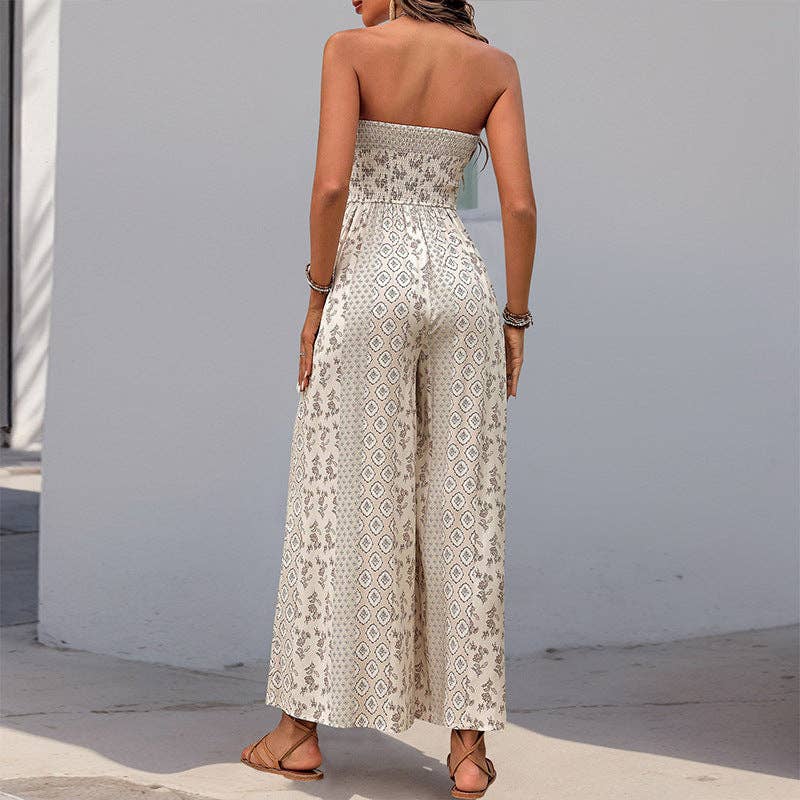 Suhkasana - Boho Strapless Smocked Jumpsuit with Wide-Leg Flare Pants
