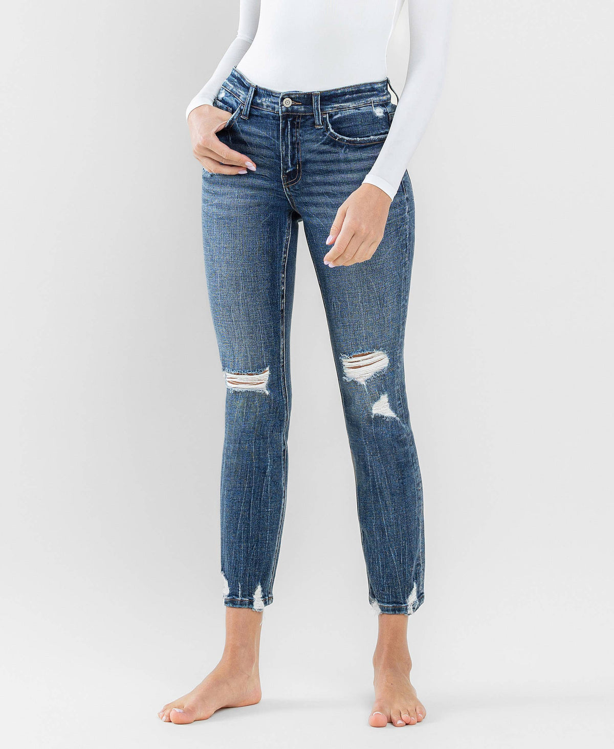 FLYING MONKEY - MID RISE DISTRESSED CROP SLIM STRAIGHT JEANS F5297