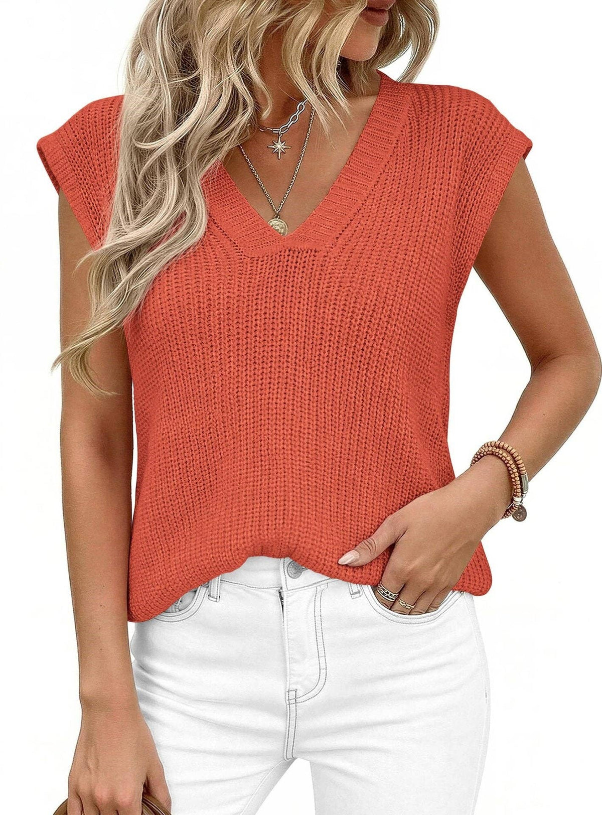 Suhkasana - V Neck Knit Sweater Vest Sleeveless Loose Summer Top
