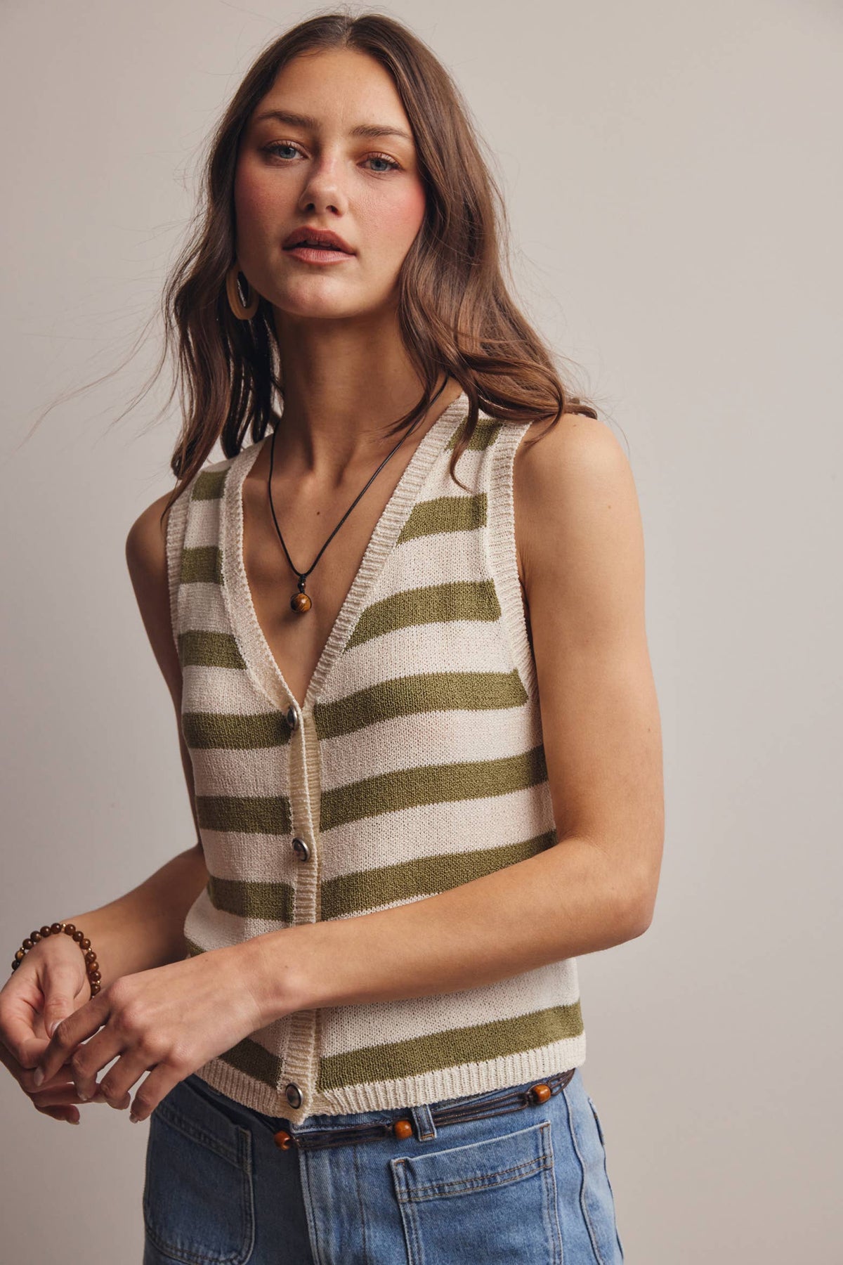 Forte - Striped Button-Front Knit Vest Top FSW0047