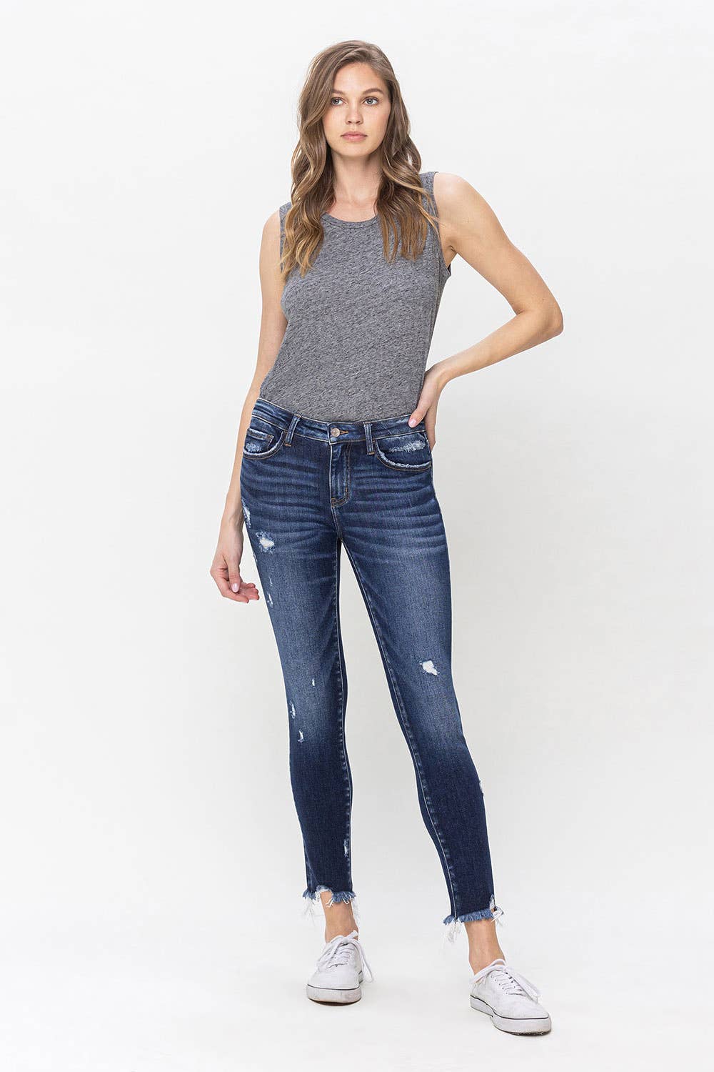 Lovervet by VERVET - MID RISE UNEVEN RAW HEM CROP SKINNY JEANS LV1144