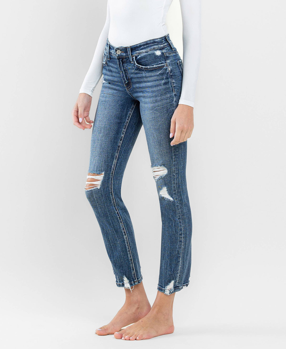 FLYING MONKEY - MID RISE DISTRESSED CROP SLIM STRAIGHT JEANS F5297