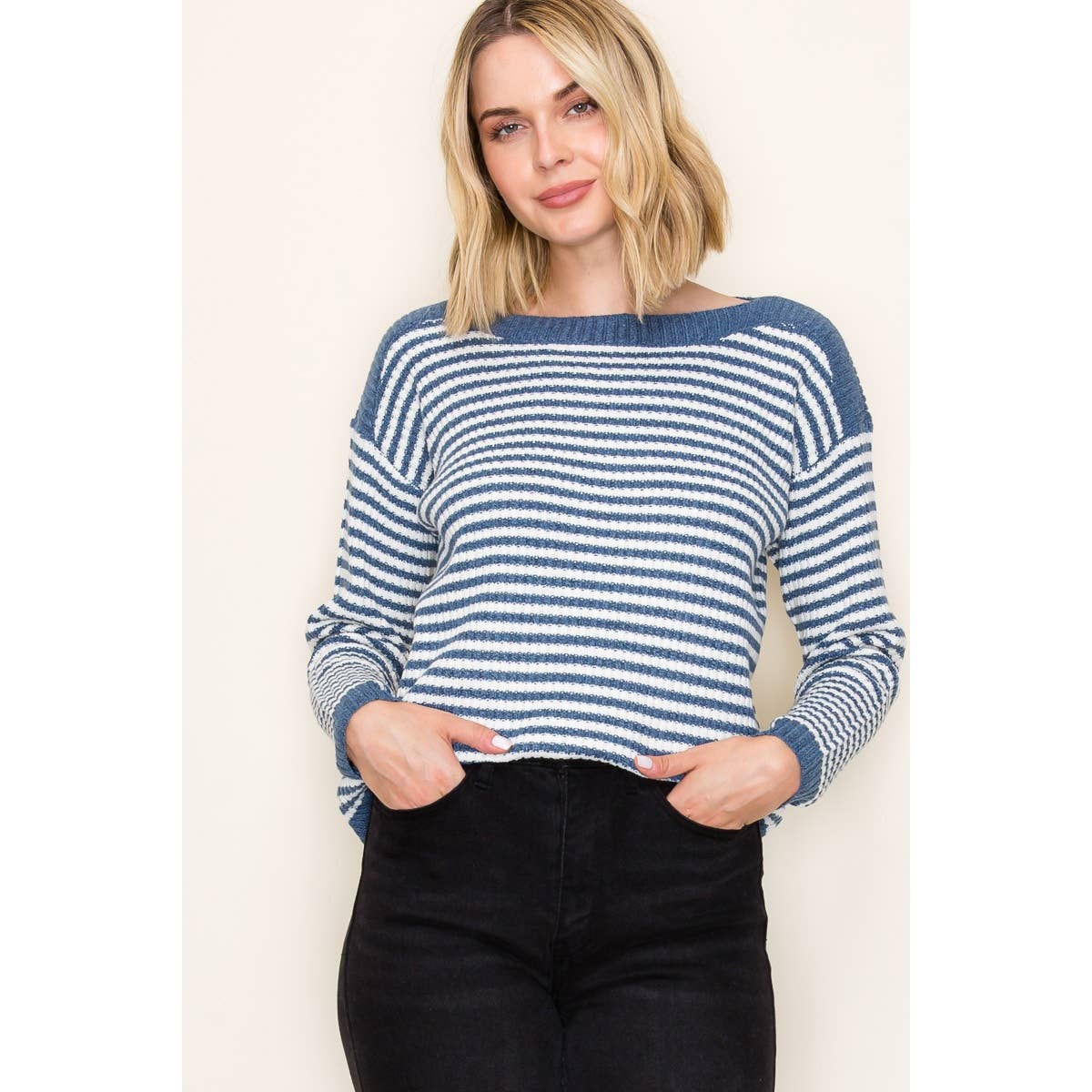 STACCATO - BOAT NECK PULLOVER SWEATER - IVORY/TAUPE