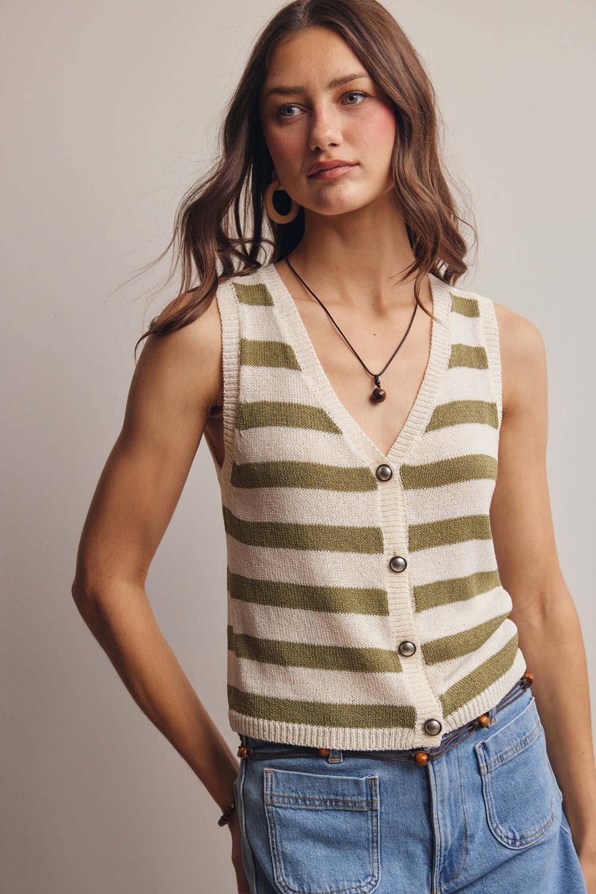 Forte - Striped Button-Front Knit Vest Top FSW0047