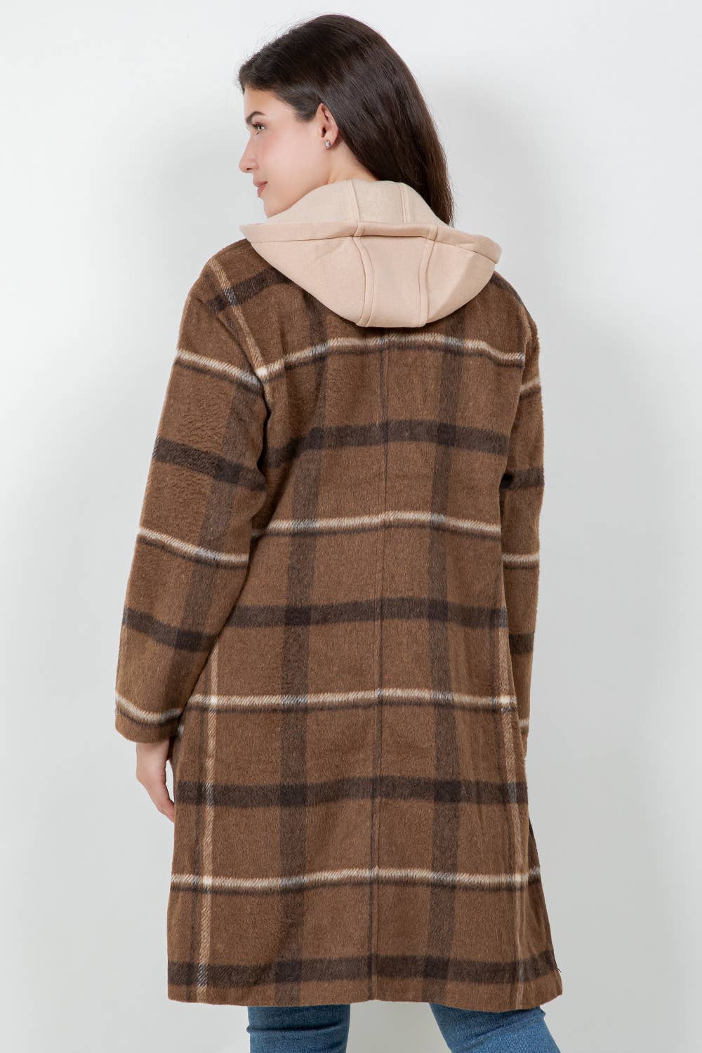 Veracci - Oversized Woolen Plaid Coat / Jacket with detachable Hood