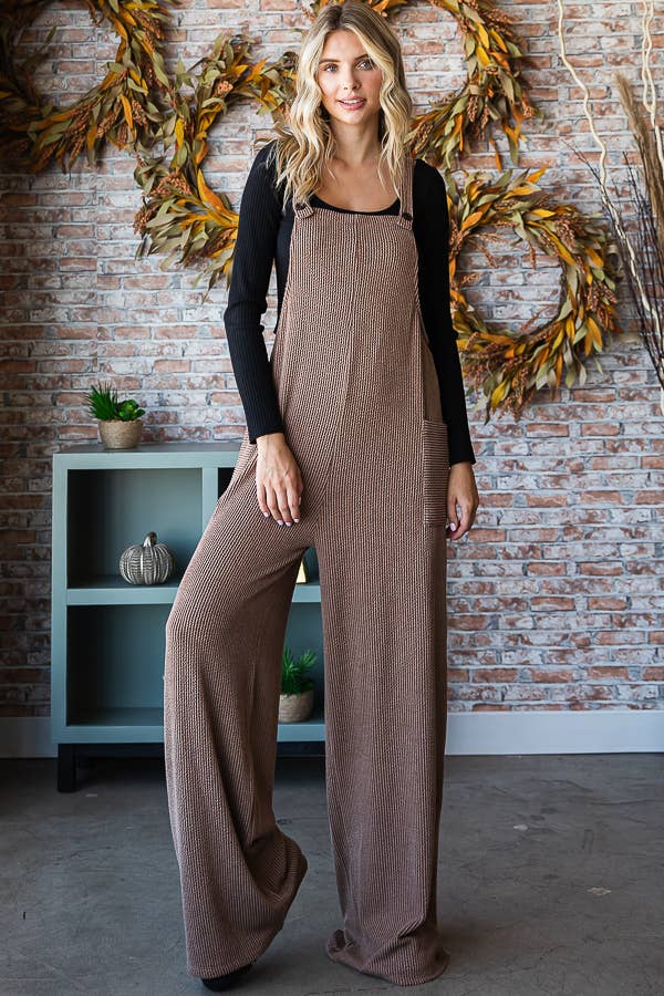 Rib Knit Wide Leg Adjustable Strap Overall Jumpsuit J5293