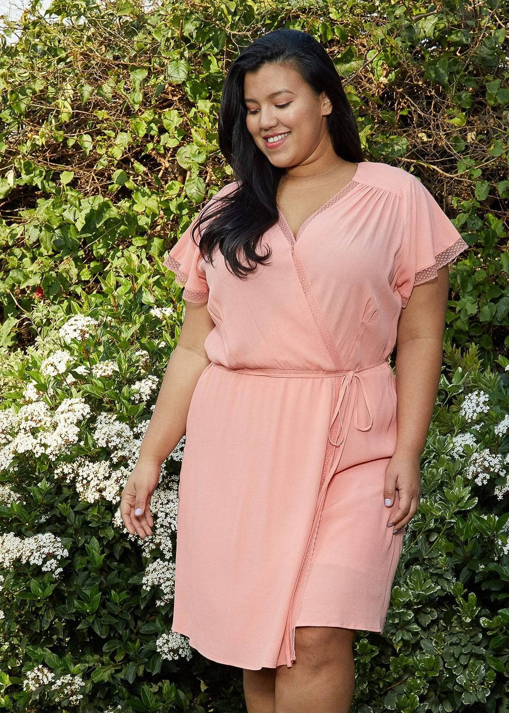 Robin K - Nurode's Plus Size Lace Trim Wrap Dress in Coral