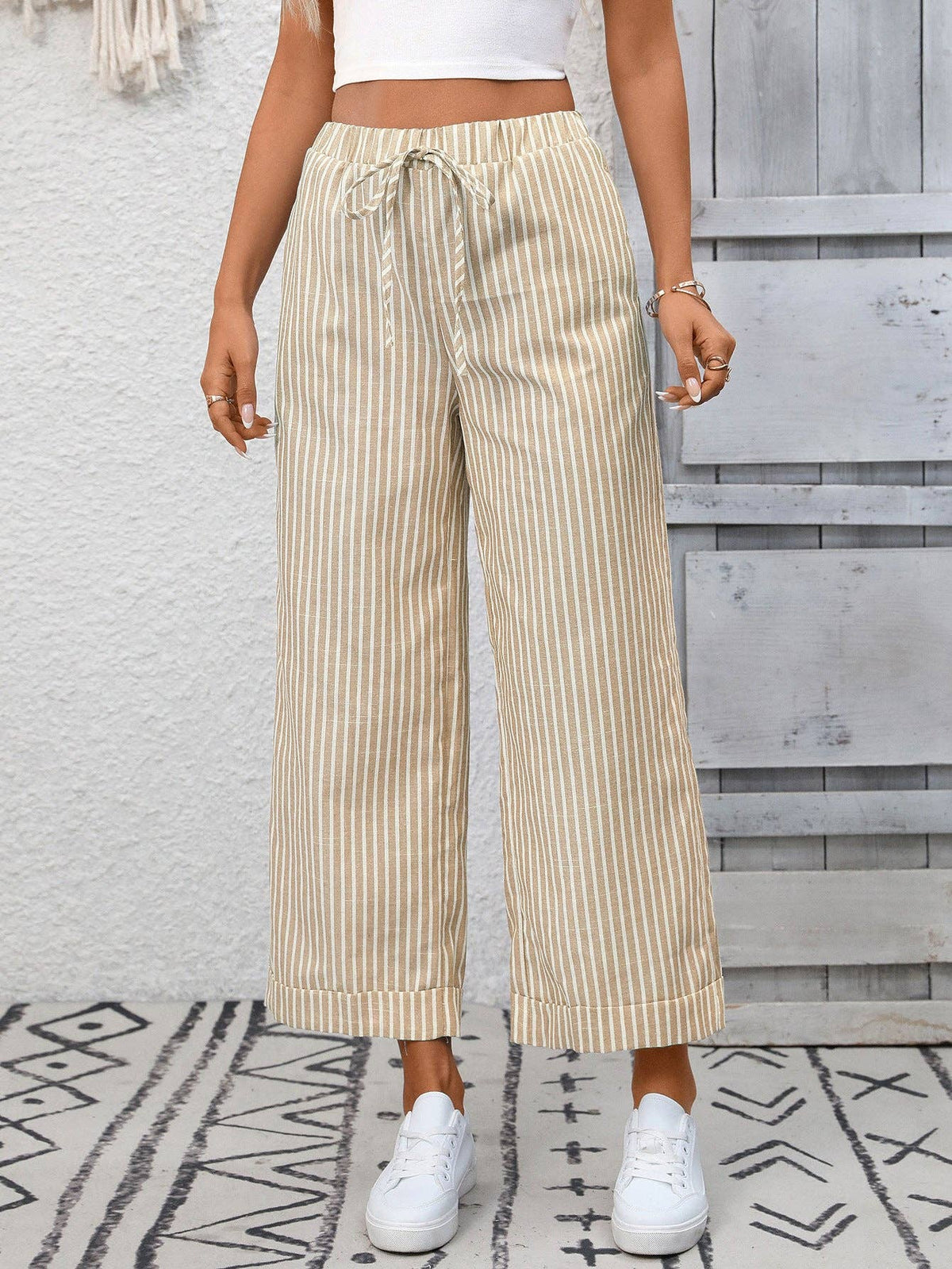 Suhkasana - Striped High Waist Wide Leg Pants Casual Summer